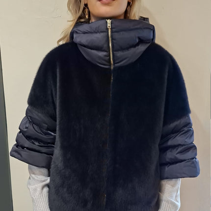Herno PI002132D Faux fur jacket navy with hood