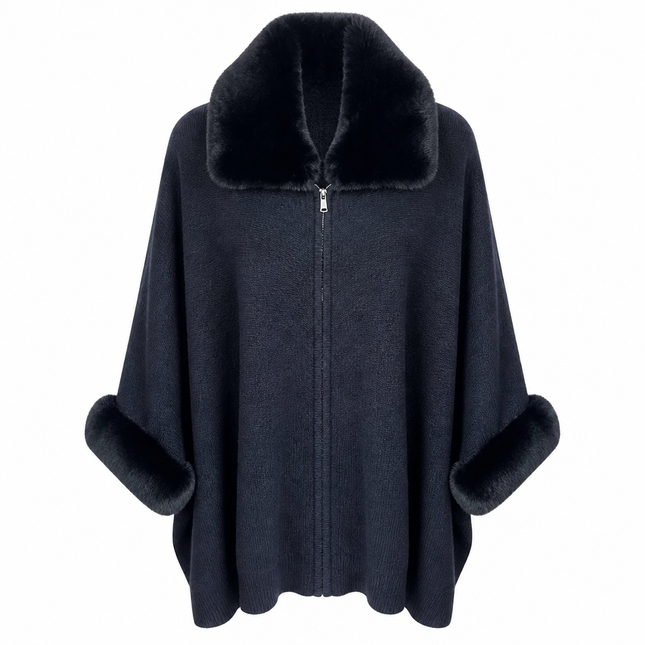 Max et Moi Faux Fur Collar Cape - Black
