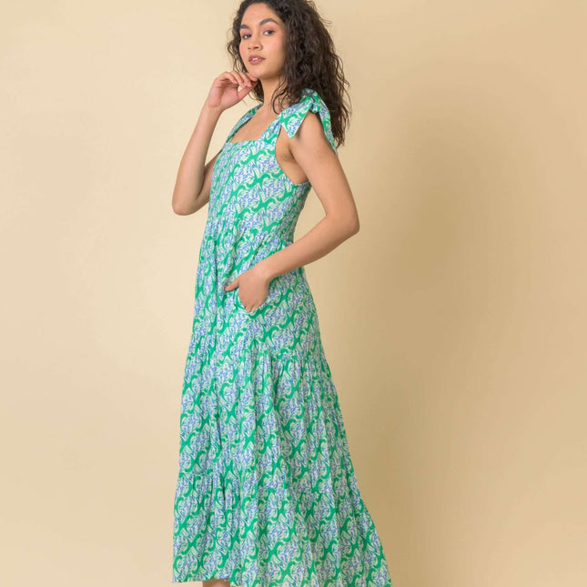 Handprint Dream Capri tie strap long dress multi green