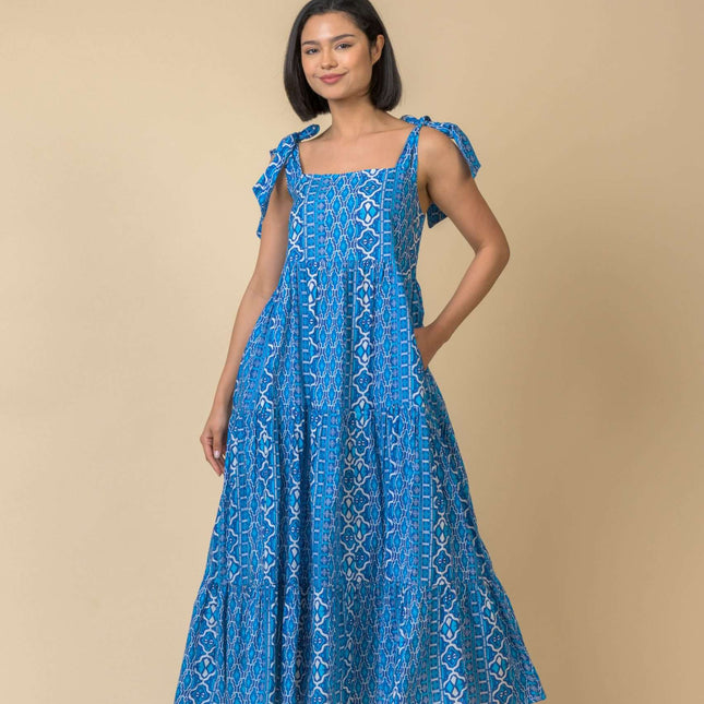 Handprint Dream Capri dress long with tie straps blue multi