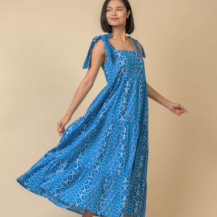 Handprint Dream Capri dress long with tie straps blue multi