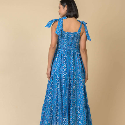 Handprint Dream Capri dress long with tie straps blue multi