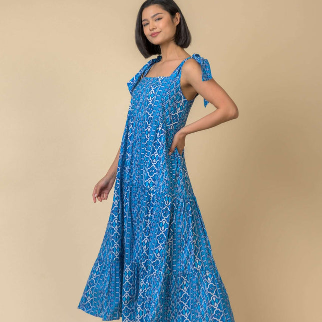 Handprint Dream Capri dress long with tie straps blue multi