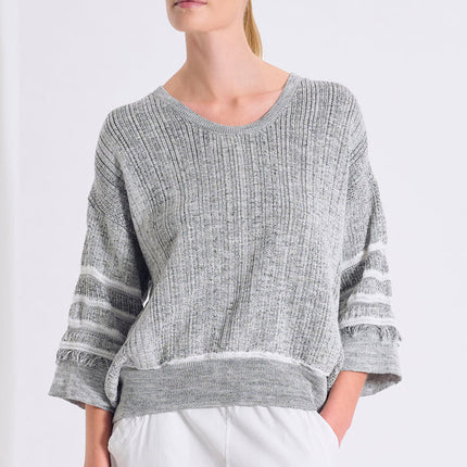 Transit 14492  grey white melange knit jumper with fringe details