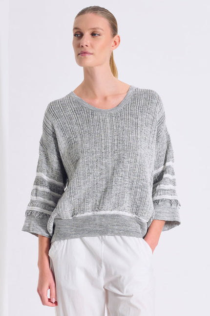 Transit 14492  grey white melange knit jumper with fringe details