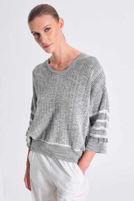 Transit 14492  grey white melange knit jumper with fringe details