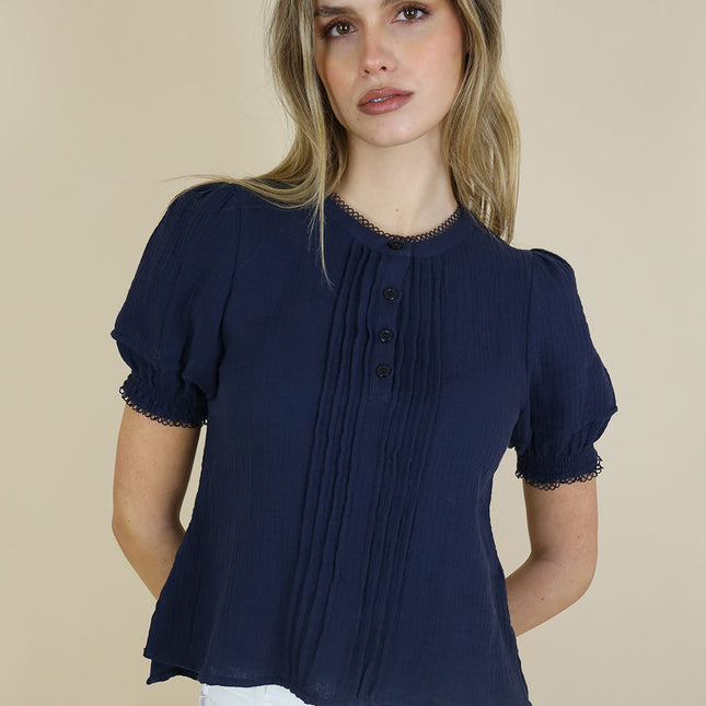 No2moro Claudine Top navy short puff sleeve