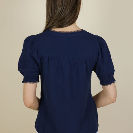 No2moro Claudine Top navy short puff sleeve