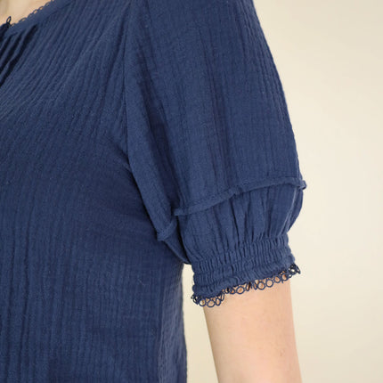 No2moro Claudine Top navy short puff sleeve