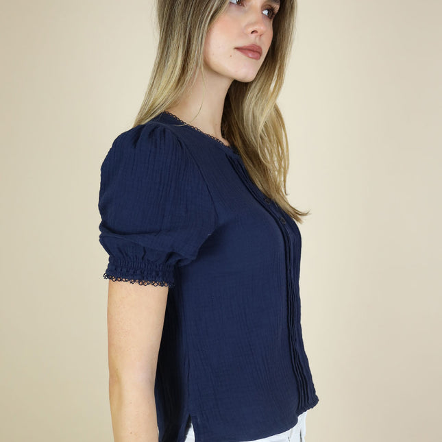 No2moro Claudine Top navy short puff sleeve