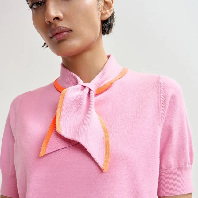 Essentiel Antwerp Jonda Tie Neck Knit pink with orange trim