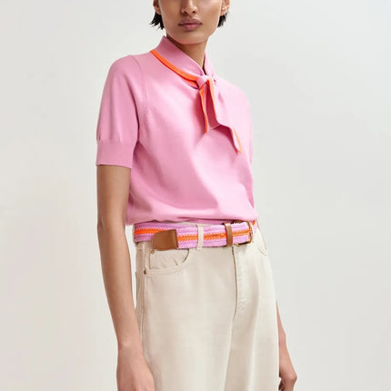 Essentiel Antwerp Jonda Tie Neck Knit pink with orange trim