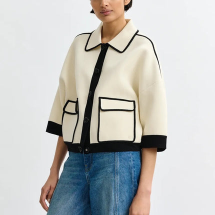 Essentiel Antwerp Jugly Knitted Cardi in cream with black trim