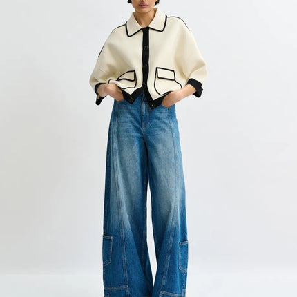 Essentiel Antwerp Jugly Knitted Cardi in cream with black trim