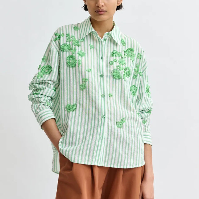 Essentiel Antwerp Julieta Beaded strip appliqué shirt green