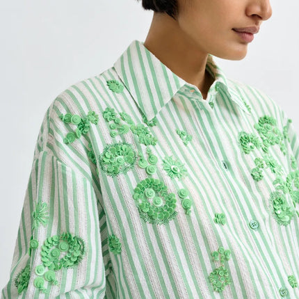 Essentiel Antwerp Julieta Beaded strip appliqué shirt green