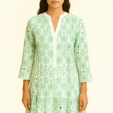 Handprint Dream Mirage dress in broderie anglaise sage green and cream