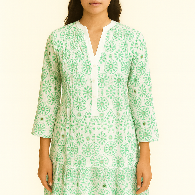 Handprint Dream Mirage dress in broderie anglaise sage green and cream