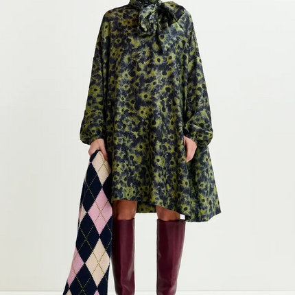 Essentiel Antwerp Ioanna floral tie neck dress green/navy