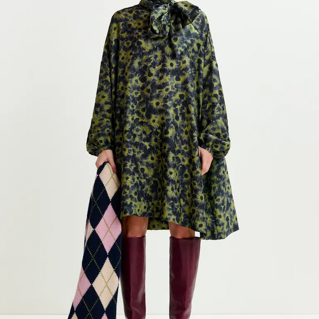 Essentiel Antwerp Ioanna floral tie neck dress green/navy
