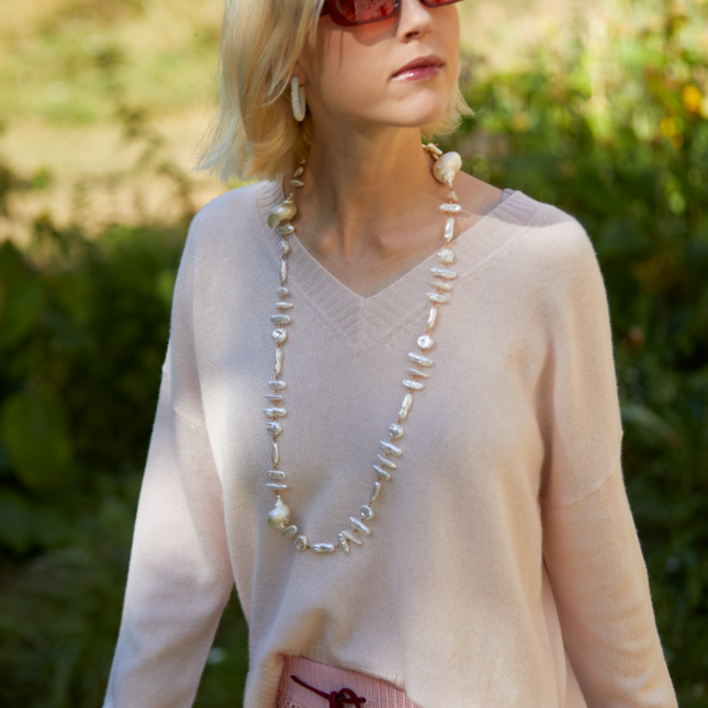 Estheme F2329EC V neck fine cashmere knit pink