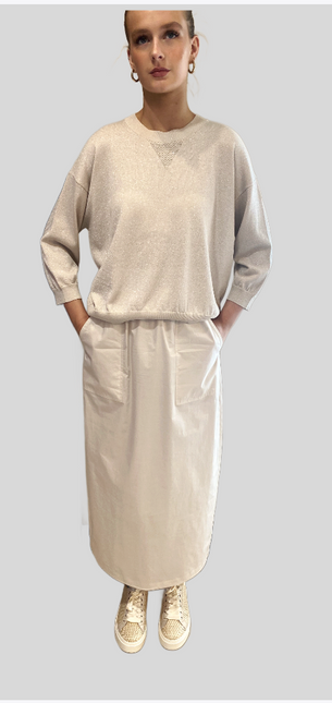 Peserico A99057F12 knit in beige with lurex and metallic trim