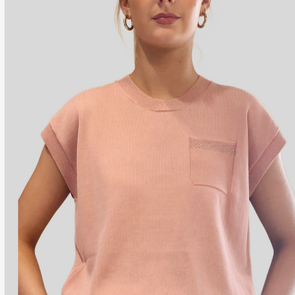 Peserico A99064F12 cap sleeve knit with metallic pocket detail dusty rose pink