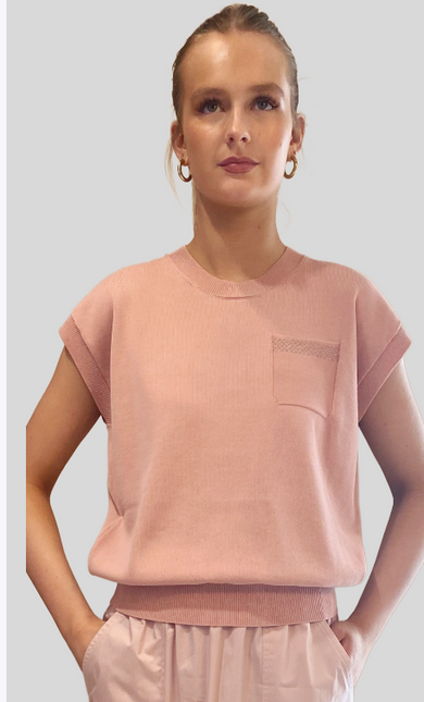 Peserico A99064F12 cap sleeve knit with metallic pocket detail dusty rose pink