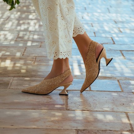 Jeannot AJ651C Slingback pointed toe stretch hessian and leather