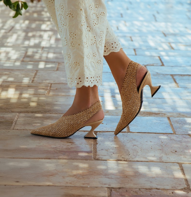 Jeannot AJ651C Slingback pointed toe stretch hessian and leather