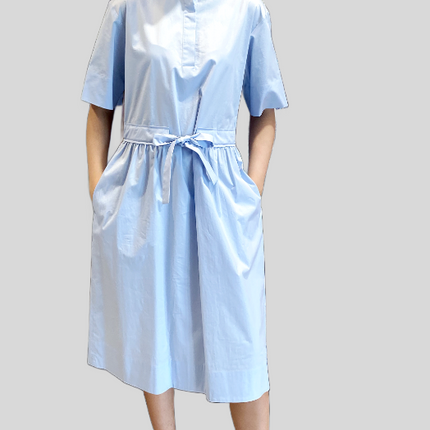Peserico A02541  cotton dress with mandarin collar and pull belt blue
