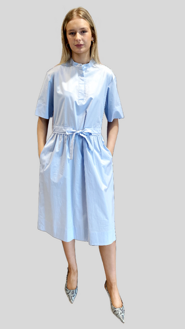 Peserico A02541  cotton dress with mandarin collar and pull belt blue