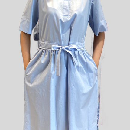 Peserico A02541  cotton dress with mandarin collar and pull belt blue
