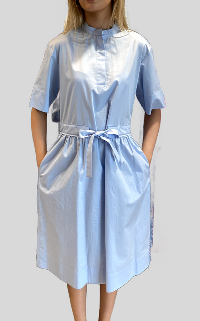 Peserico A02541  cotton dress with mandarin collar and pull belt blue