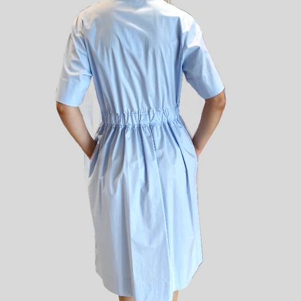 Peserico A02541  cotton dress with mandarin collar and pull belt blue